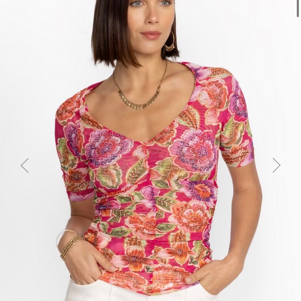 NWT Johnny Was Jade Gloriana Mesh Ruched Floral V Neck Short Sleeve Blouse SZ L